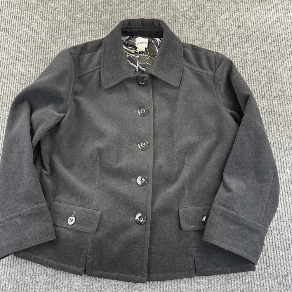 Chico's Jacket Womens 3 XL Black‎ Button Front Lined Collared Flap Pockets Fall